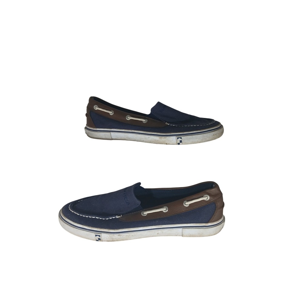 Nautica Doubloon Boat Shoes 8 Navy Blue Brown Canvas Slip On Nautical Preppy